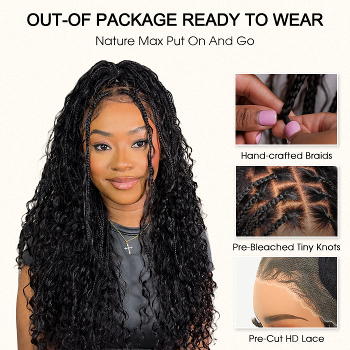 Braided Glueless Wig Drawstring Cap 13x6 HD Lace Front Knotless Boho Curls Human Hair Wigs