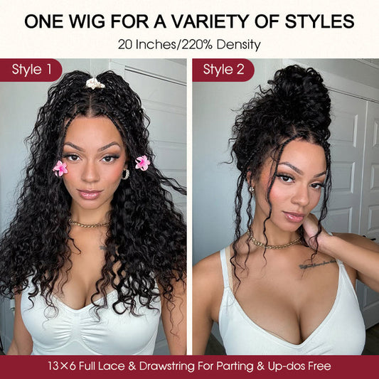 Braided Glueless Wig Drawstring Cap 13x6 HD Lace Front Knotless Boho Curls Human Hair Wigs